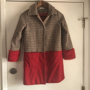 Shein Houndstooth/Red Fur Cuffed Coat Size 10-12